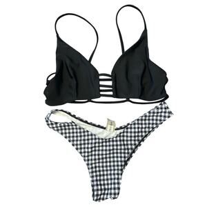 Zaful Black & White Checked Bikini-Black top with Checked High Waist Bottom US 6